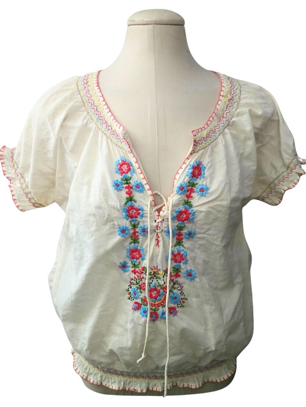 Polo Jeans Co Floral Embroidered Peasant Blouse Boho Cottagecore Small Spanish